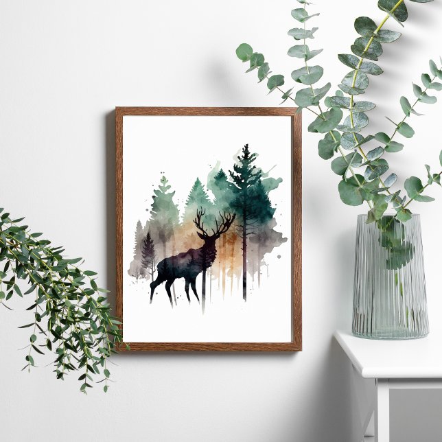 Póster Deer acuarela en la naturaleza de los árboles fore (Subido por el creador)