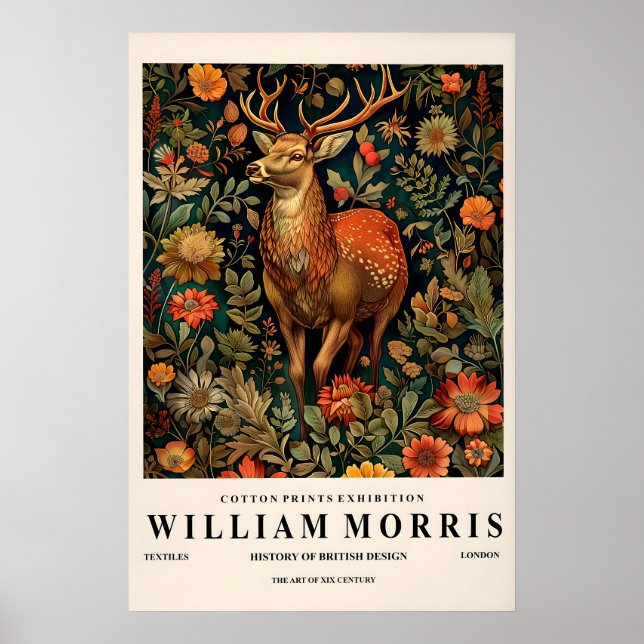 Póster Deer Art Print William Morris Style, Botanical (Frente)