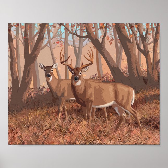 Póster Deer blanco en la naturaleza del estilo retro fore (Frente)