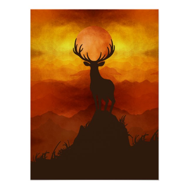Póster Deer Buck sobre la montaña con puesta de sol (Anverso)