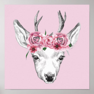 Póster Deer de flores de color agua