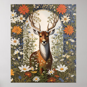 Póster Deer en medio de flores de margarita