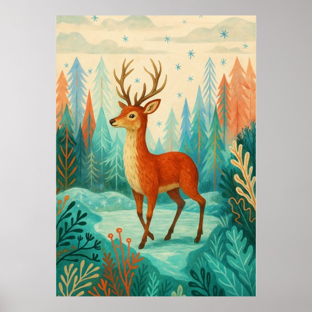 Póster Deer Forestal Encantado - Tierra de bosque de invi (Frente)