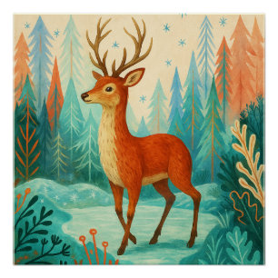 Póster Deer Forestal Encantado - Tierra de bosque de invi