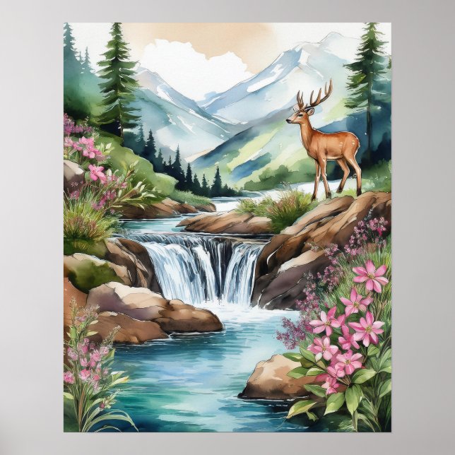 Póster Deer por cascada 2 (Frente)
