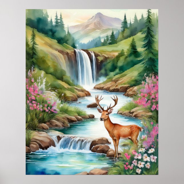 Póster Deer por cascada 3 (Frente)