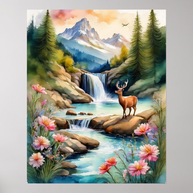 Póster Deer por cascada 4 (Frente)