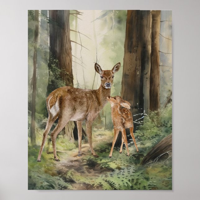 Póster Deer Redwood Forest Watercolor (Frente)
