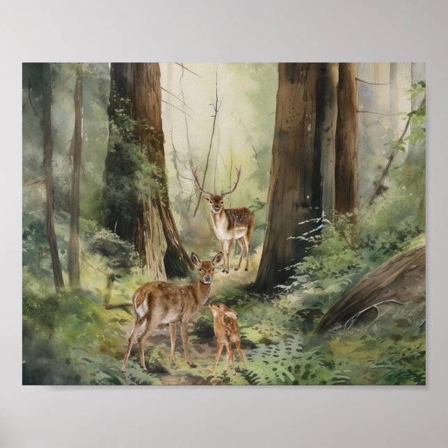 Póster Deer Redwood Forest Watercolor (Frente)