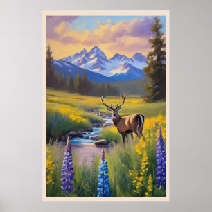 Póster Deer Rocky Mountain Meadow Wildflowers Pintura