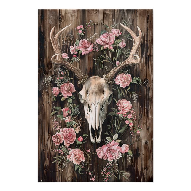 Póster Deer Skull acuarela Flores rosadas Desnudar (Anverso)