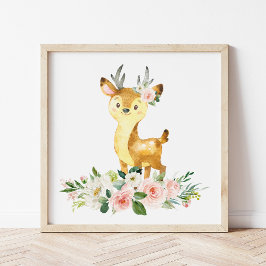 Póster Deer, Woodland Animals, Boho, Flores Rosa