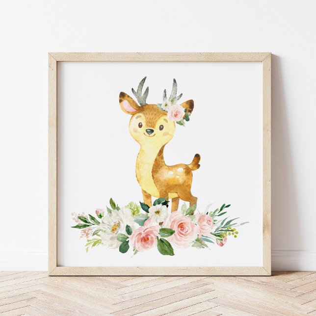 Póster Deer, Woodland Animals, Boho, Flores Rosa (Subido por el creador)