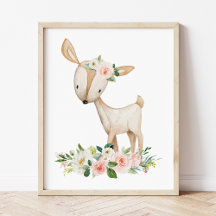 Deer, Woodland Animals, Boho, Pink Flowers