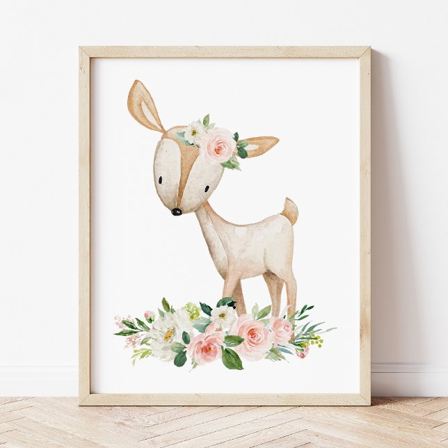 Póster Deer, Woodland Animals, Boho, Pink Flowers (Subido por el creador)