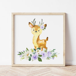 Póster Deer, Woodland Animals, Boho, Purple Flowers