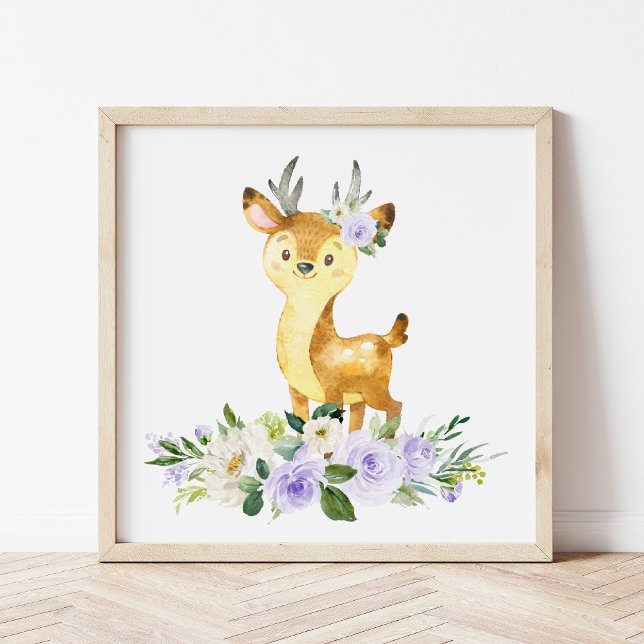 Póster Deer, Woodland Animals, Boho, Purple Flowers (Subido por el creador)