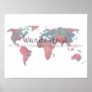 Póster Definición de Wanderlust en la acuarela Mapa mundi