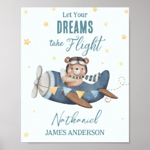 Póster Deja que tu sueño vuele Oso lindo Avión azul