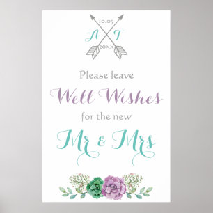 Póster Deja tu signo de deseos boda botánico morado