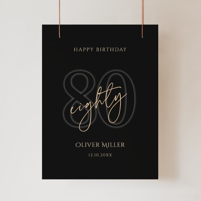 Póster del 80 cumpleaños de Modern Black Gold (Modern Black Gold 80th Birthday Party Poster)
