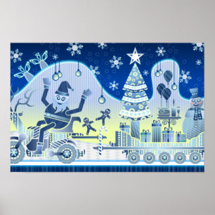 Póster del árbol de Navidad azul Santa Claus muñec