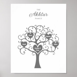 Póster del árbol genealógico de corazón de plata
