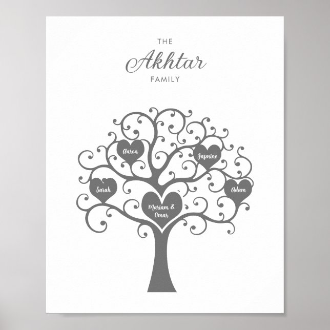 Póster del árbol genealógico de corazón de plata (Frente)