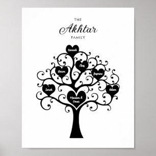 Póster del árbol genealógico de corazones en blanc