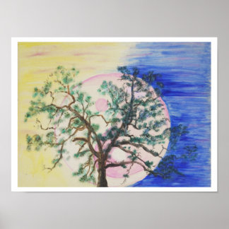 Póster del árbol yin yang, luna, diseño original