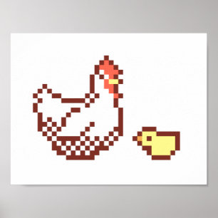 Poster del arte del pixel del pollo y del polluelo