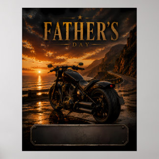 Póster del atardecer del Día del Padre con motocic