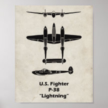 Póster del avión P-38 Lightning de la Segunda Guer