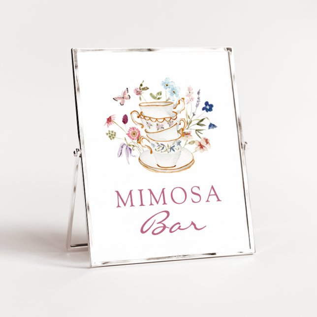 Póster del bar Mimosa Rosa (Floral Tea Cup Pink Mimosa Bar Poster with Butterfly by Painted Paperie
)