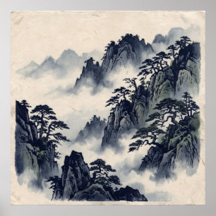 Póster del bosque de la montaña de tinta azul