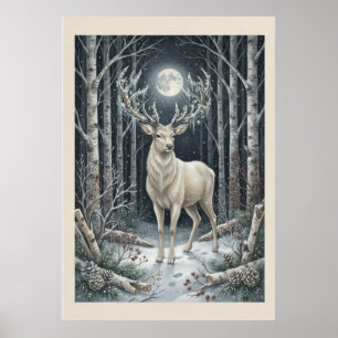 Póster del bosque invernal del ciervo blanco ilumi