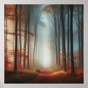 Póster del bosque otoñal brumoso, árbol colorido t