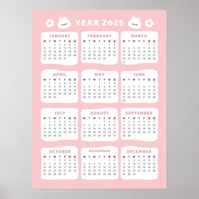 Póster del calendario 2025 de conejito lindo (Frente)