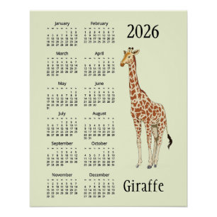 Póster del calendario de diseño de jirafa 2026