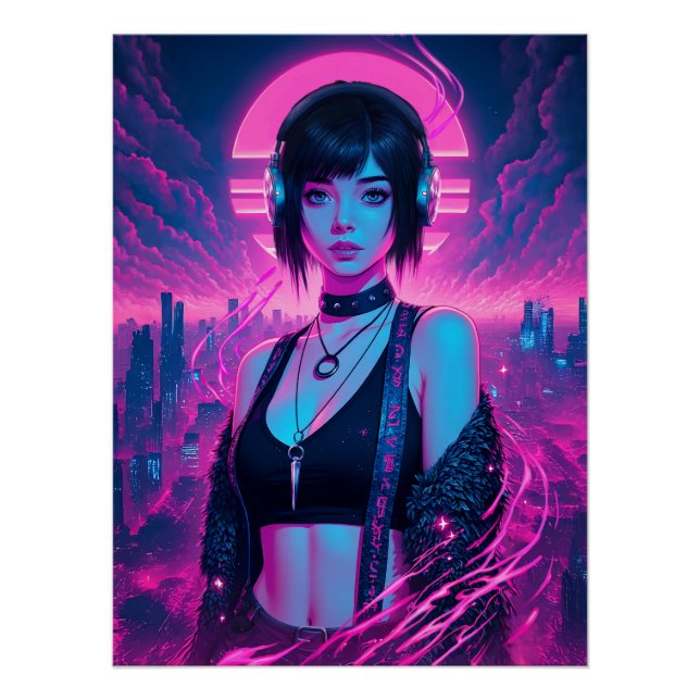 Poster del Chica Neon Retro de Rock Ciber Punk (Anverso)