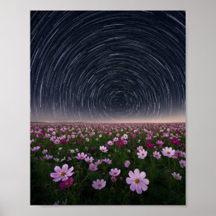 Póster del cielo nocturno con flores de cosmos y r