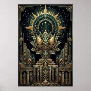 Póster del Compás Celestial Loto Sagrado Art Déco