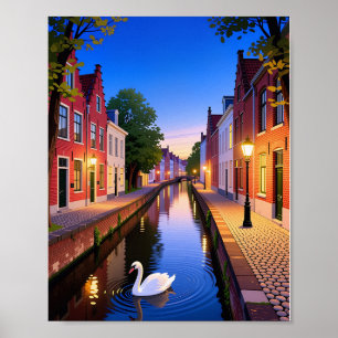 Póster del crepúsculo en los canales de Brujas