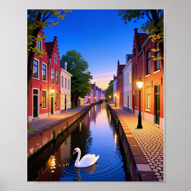 Póster del crepúsculo en los canales de Brujas (Frente)