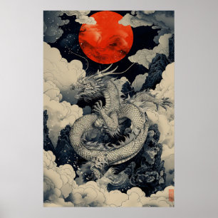 Póster del dragón japonés Ukiyo-e: poder mítico