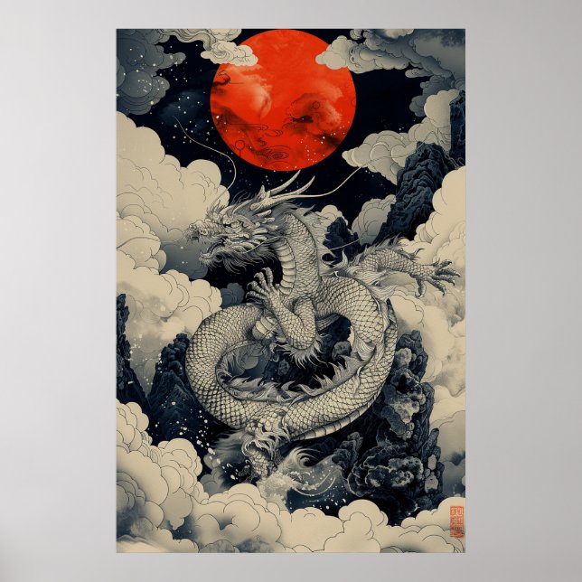 Póster del dragón japonés Ukiyo-e: poder mítico (Frente)