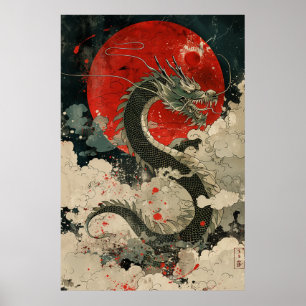 Póster del dragón japonés Ukiyo-e: poder mítico