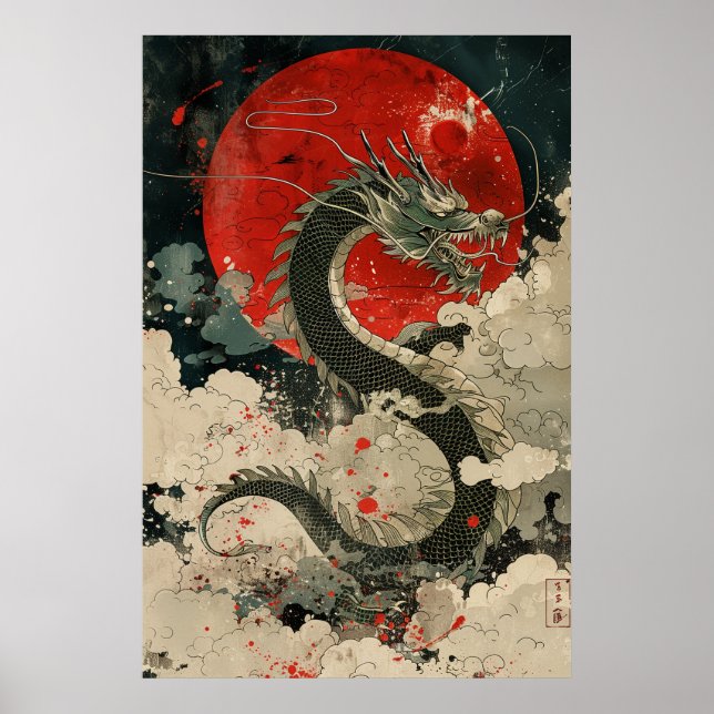 Póster del dragón japonés Ukiyo-e: poder mítico (Frente)