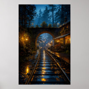 Póster del Ferrocarril Iluminado por la Lluvia a T