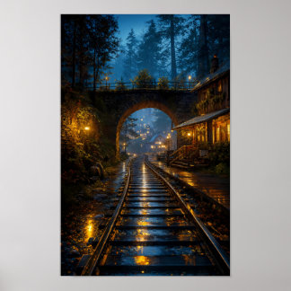 Póster del Ferrocarril Iluminado por la Lluvia a T